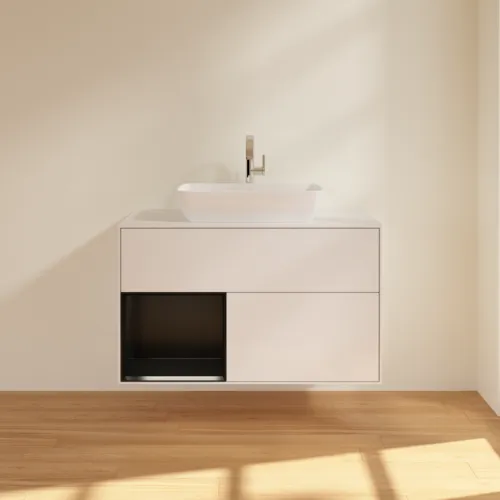 Bild von VILLEROY BOCH Finion Waschbeckenunterschrank, mit Beleuchtung, 2 Auszüge, 1000 x 603 x 501 mm, Glossy White Lacquer / Black Matt Lacquer / Glass White Matt #G771PDGF
