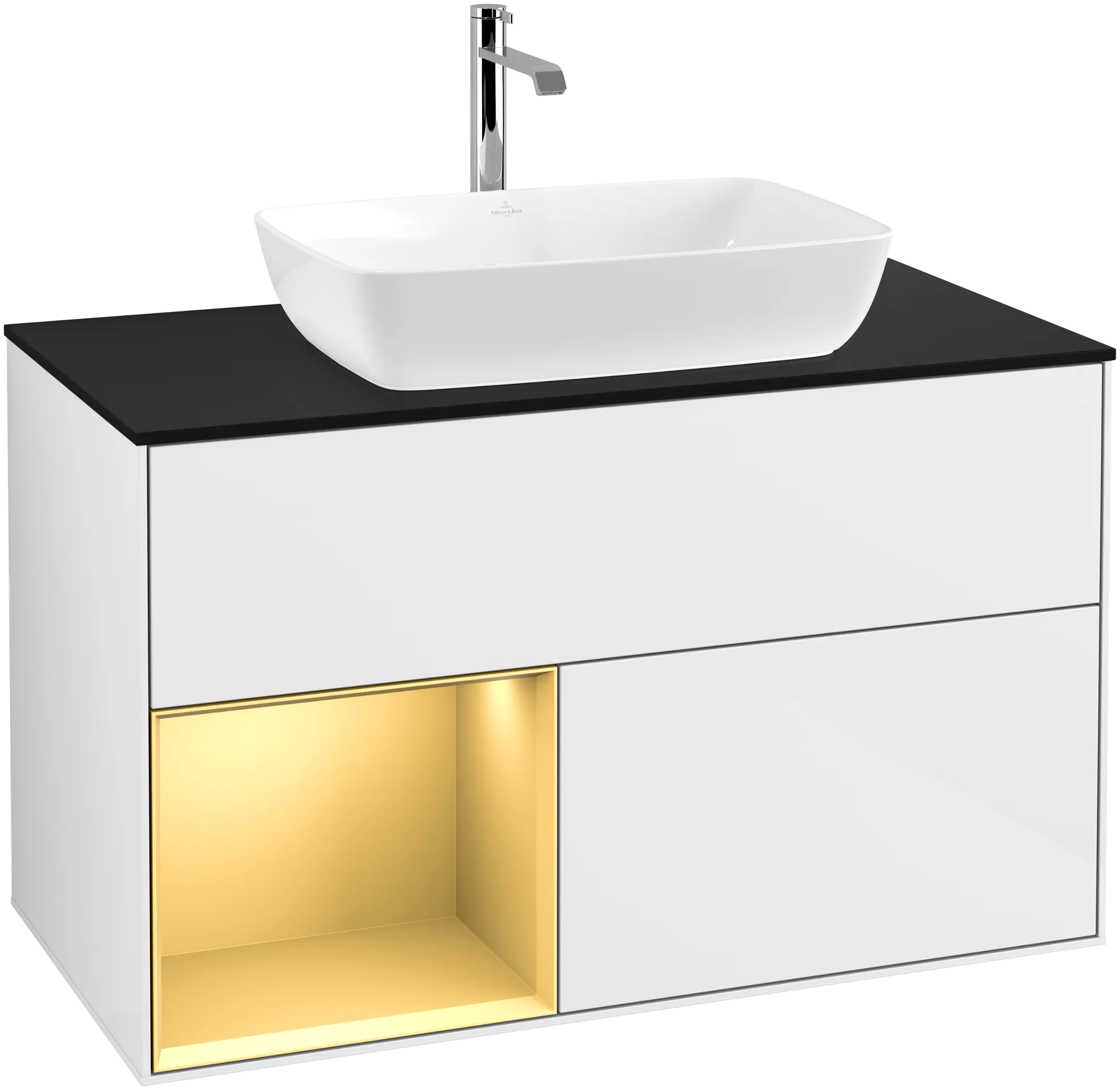 Obrázek VILLEROY BOCH Finion Vanity unit, with lighting, 2 pull-out compartments, 1000 x 603 x 501 mm, Glossy White Lacquer / Gold Matt Lacquer / Glass Black Matt #G772HFGF