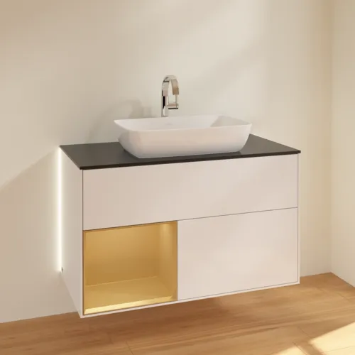 VILLEROY BOCH Finion Waschbeckenunterschrank, mit Beleuchtung, 2 Auszüge, 1000 x 603 x 501 mm, Glossy White Lacquer / Gold Matt Lacquer / Glass Black Matt #G772HFGF, Bild 4
