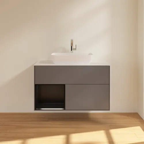 Bild von VILLEROY BOCH Finion Waschbeckenunterschrank, mit Beleuchtung, 2 Auszüge, 1000 x 603 x 501 mm, Anthracite Matt Lacquer / Black Matt Lacquer / Glass White Matt #G771PDGK