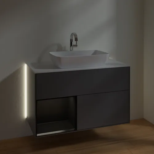 Bild von VILLEROY BOCH Finion Waschbeckenunterschrank, mit Beleuchtung, 2 Auszüge, 1000 x 603 x 501 mm, Anthracite Matt Lacquer / Black Matt Lacquer / Glass White Matt #G771PDGK