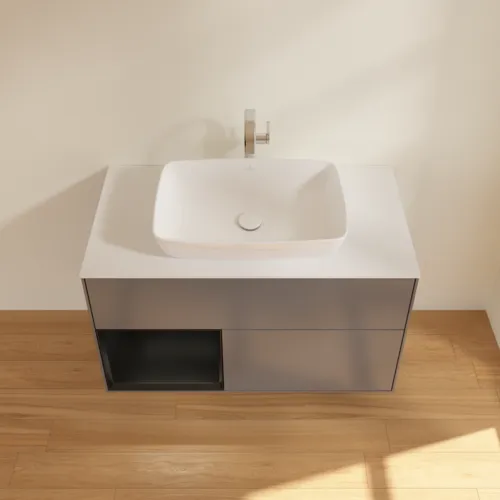 Bild von VILLEROY BOCH Finion Waschbeckenunterschrank, mit Beleuchtung, 2 Auszüge, 1000 x 603 x 501 mm, Anthracite Matt Lacquer / Black Matt Lacquer / Glass White Matt #G771PDGK