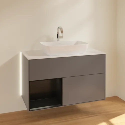 Bild von VILLEROY BOCH Finion Waschbeckenunterschrank, mit Beleuchtung, 2 Auszüge, 1000 x 603 x 501 mm, Anthracite Matt Lacquer / Black Matt Lacquer / Glass White Matt #G771PDGK