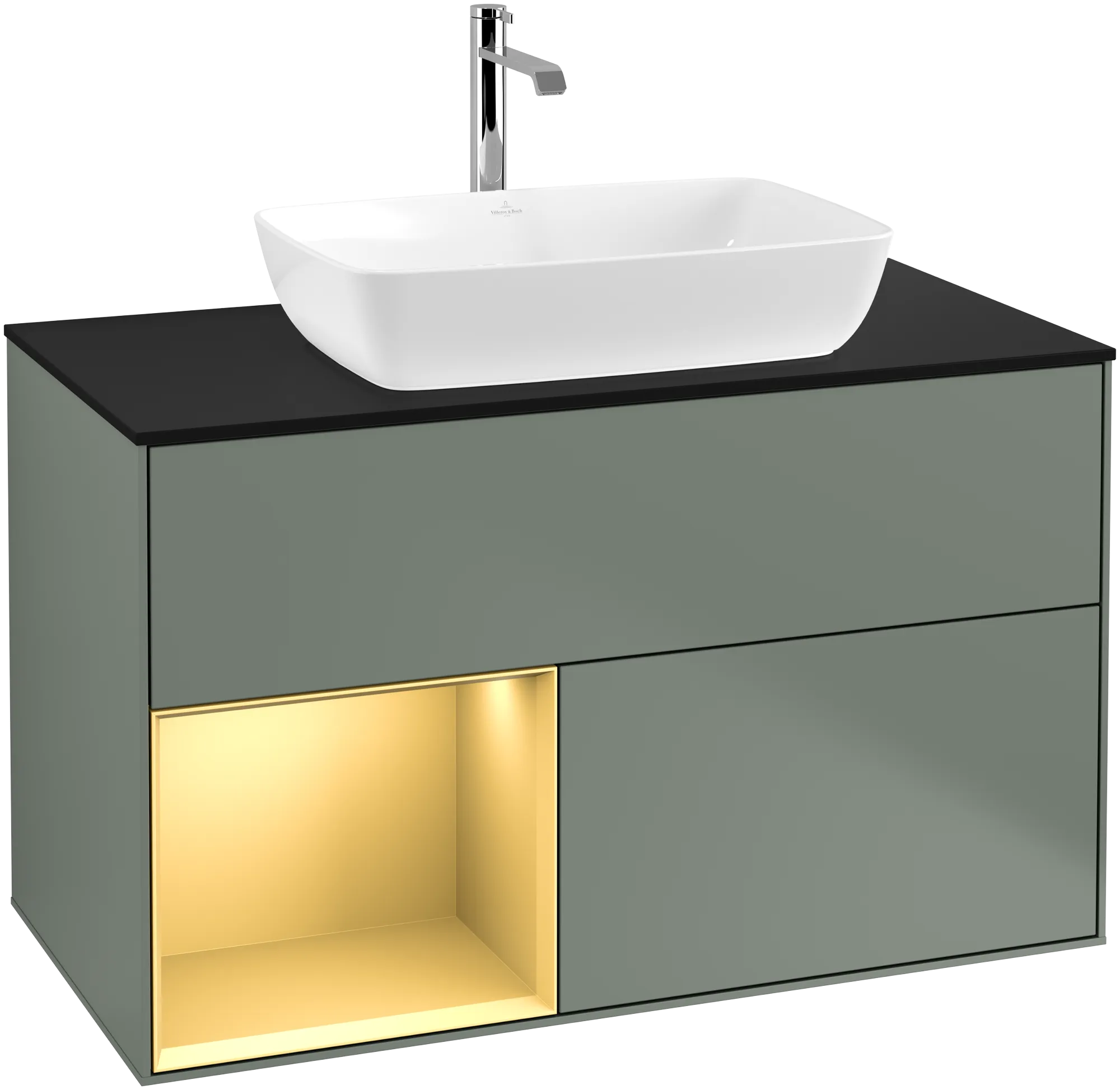 Picture of VILLEROY BOCH Finion Vanity unit, with lighting, 2 pull-out compartments, 1000 x 603 x 501 mm, Olive Matt Lacquer / Gold Matt Lacquer / Glass Black Matt #G772HFGM