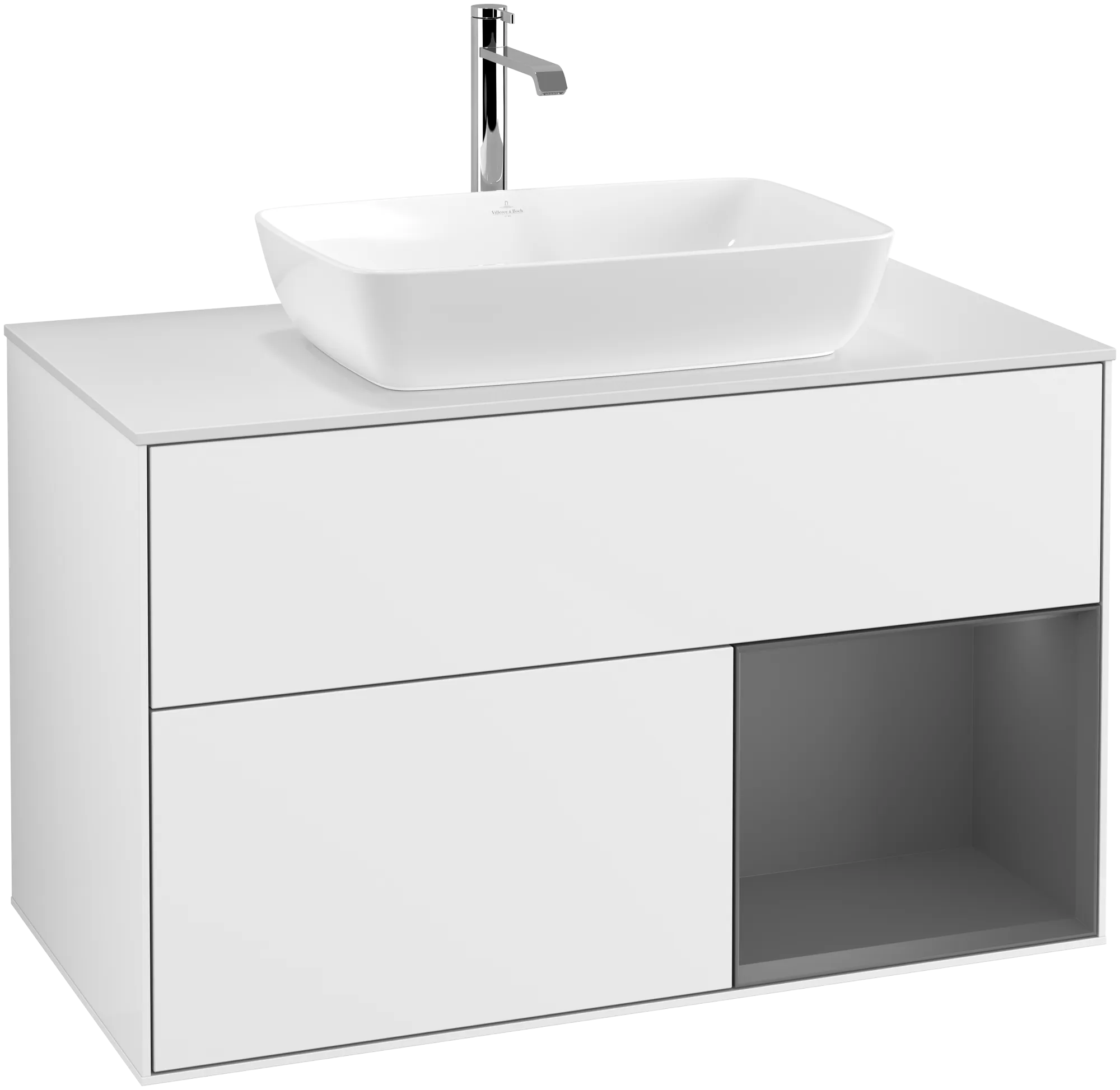VILLEROY BOCH Finion Vanity unit, with lighting, 2 pull-out compartments, 1000 x 603 x 501 mm, Glossy White Lacquer / Anthracite Matt Lacquer / Glass White Matt #G781GKGF resmi