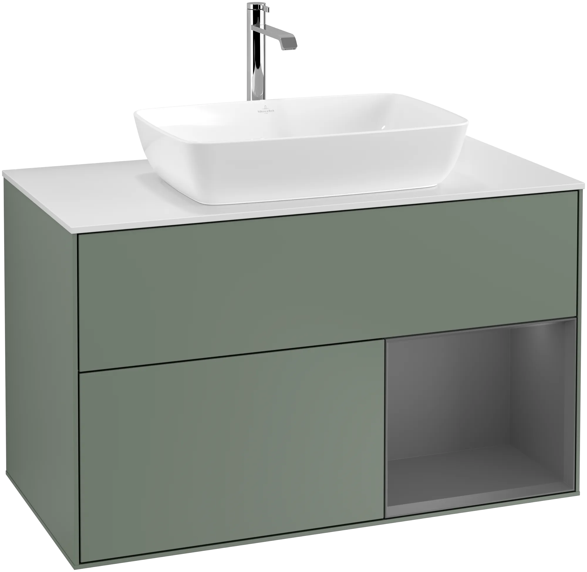 Picture of VILLEROY BOCH Finion Vanity unit, with lighting, 2 pull-out compartments, 1000 x 603 x 501 mm, Olive Matt Lacquer / Anthracite Matt Lacquer / Glass White Matt #G781GKGM