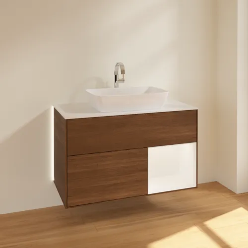 Bild von VILLEROY BOCH Finion Waschbeckenunterschrank, mit Beleuchtung, 2 Auszüge, 1000 x 603 x 501 mm, Walnut Veneer / White Matt Lacquer / Glass White Matt #G781MTGN