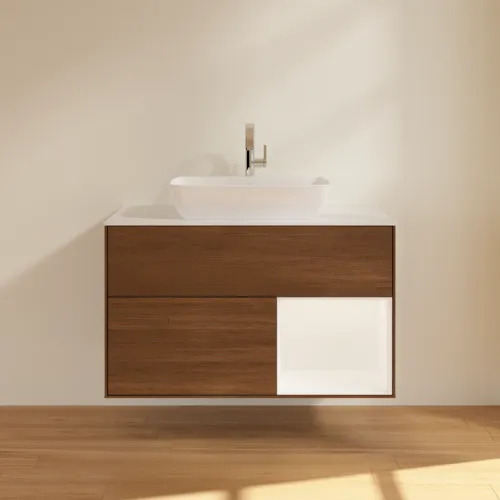 Bild von VILLEROY BOCH Finion Waschbeckenunterschrank, mit Beleuchtung, 2 Auszüge, 1000 x 603 x 501 mm, Walnut Veneer / White Matt Lacquer / Glass White Matt #G781MTGN