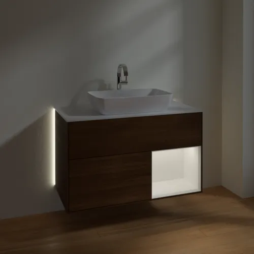 Bild von VILLEROY BOCH Finion Waschbeckenunterschrank, mit Beleuchtung, 2 Auszüge, 1000 x 603 x 501 mm, Walnut Veneer / White Matt Lacquer / Glass White Matt #G781MTGN