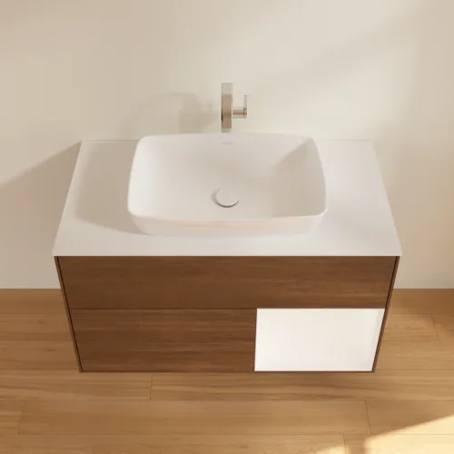 Bild von VILLEROY BOCH Finion Waschbeckenunterschrank, mit Beleuchtung, 2 Auszüge, 1000 x 603 x 501 mm, Walnut Veneer / White Matt Lacquer / Glass White Matt #G781MTGN