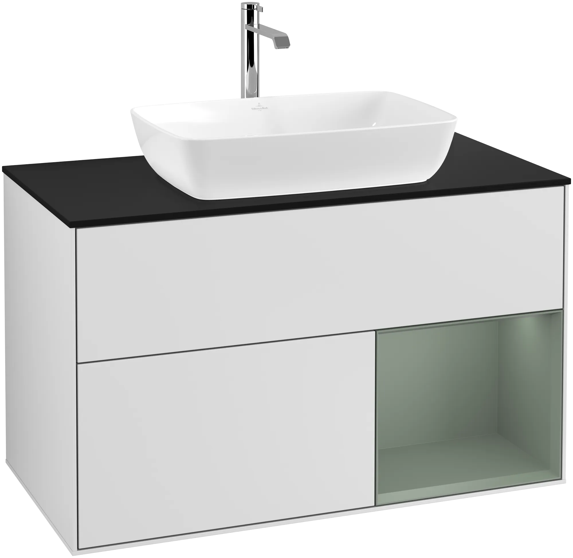 VILLEROY BOCH Finion Vanity unit, with lighting, 2 pull-out compartments, 1000 x 603 x 501 mm, White Matt Lacquer / Olive Matt Lacquer / Glass Black Matt #G782GMMT resmi