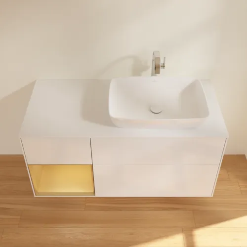 Bild von VILLEROY BOCH Finion Waschbeckenunterschrank, mit Beleuchtung, 3 Auszüge, 1200 x 603 x 501 mm, Glossy White Lacquer / Gold Matt Lacquer / Glass White Matt #G801HFGF