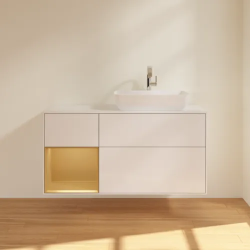 Bild von VILLEROY BOCH Finion Waschbeckenunterschrank, mit Beleuchtung, 3 Auszüge, 1200 x 603 x 501 mm, Glossy White Lacquer / Gold Matt Lacquer / Glass White Matt #G801HFGF