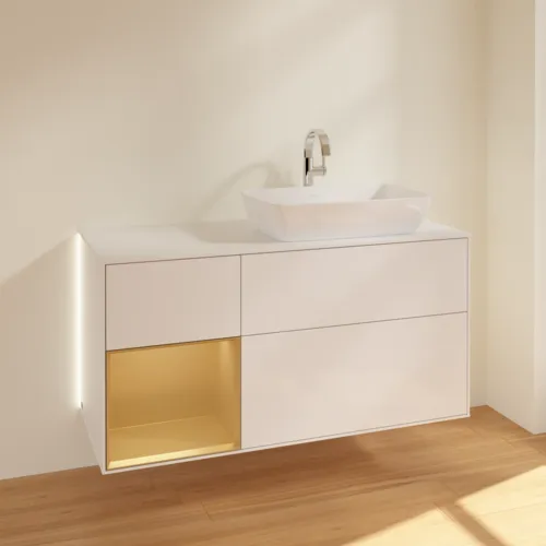 Bild von VILLEROY BOCH Finion Waschbeckenunterschrank, mit Beleuchtung, 3 Auszüge, 1200 x 603 x 501 mm, Glossy White Lacquer / Gold Matt Lacquer / Glass White Matt #G801HFGF