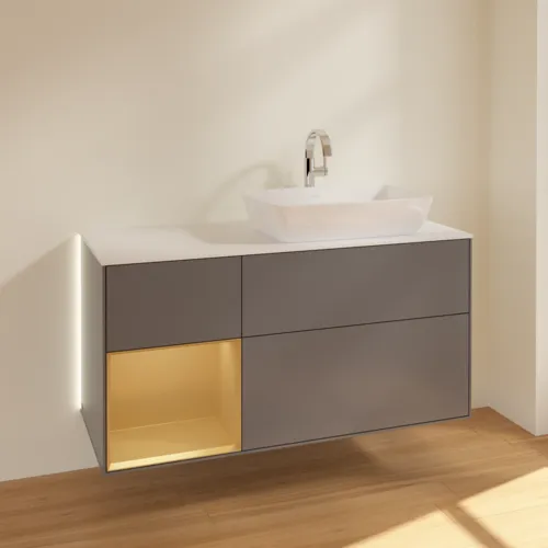 VILLEROY BOCH Finion Waschbeckenunterschrank, mit Beleuchtung, 3 Auszüge, 1200 x 603 x 501 mm, Anthracite Matt Lacquer / Gold Matt Lacquer / Glass White Matt #G801HFGK, Bild 4