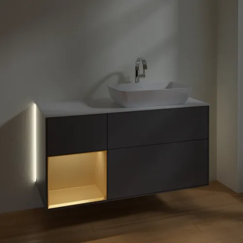 VILLEROY BOCH Finion Waschbeckenunterschrank, mit Beleuchtung, 3 Auszüge, 1200 x 603 x 501 mm, Anthracite Matt Lacquer / Gold Matt Lacquer / Glass White Matt #G801HFGK, Bild 8