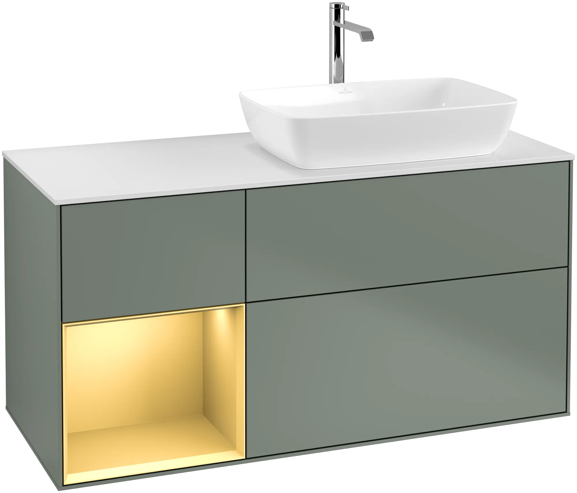Obrázek VILLEROY BOCH Finion Vanity unit, with lighting, 3 pull-out compartments, 1200 x 603 x 501 mm, Olive Matt Lacquer / Gold Matt Lacquer / Glass White Matt #G801HFGM