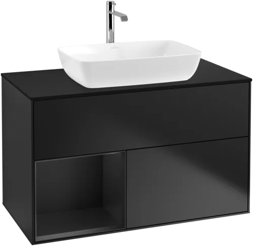 Picture of VILLEROY BOCH Finion Vanity unit, with lighting, 2 pull-out compartments, 1000 x 603 x 501 mm, Black Matt Lacquer / Black Matt Lacquer / Glass Black Matt #G772PDPD