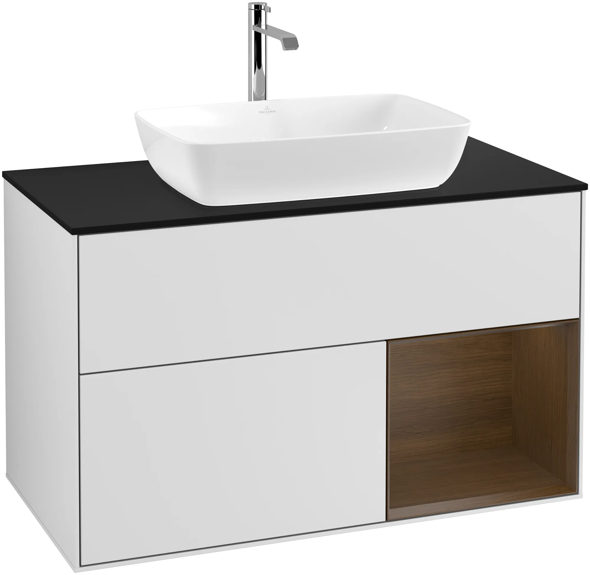 Picture of VILLEROY BOCH Finion Vanity unit, with lighting, 2 pull-out compartments, 1000 x 603 x 501 mm, White Matt Lacquer / Walnut Veneer / Glass Black Matt #G782GNMT