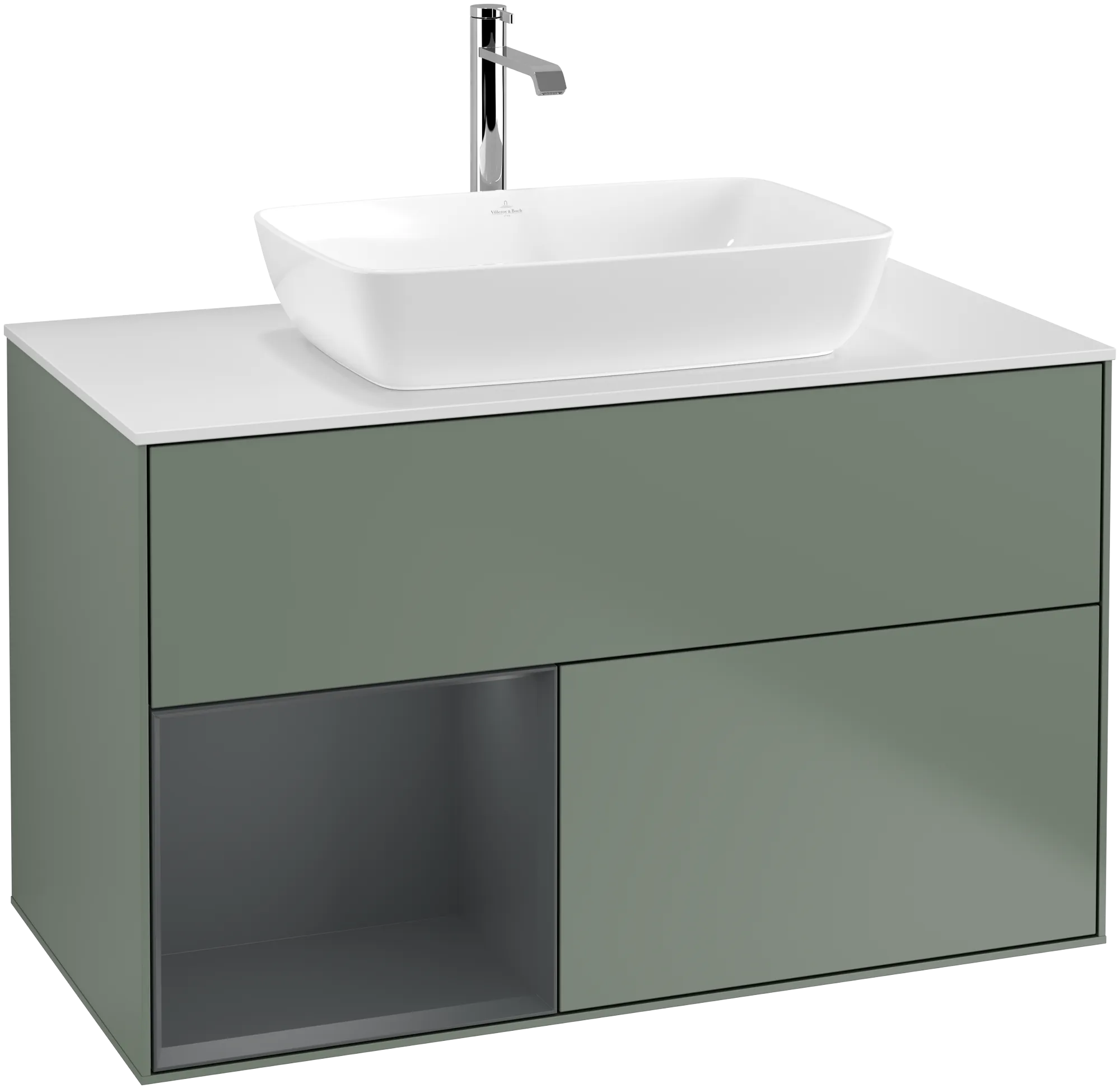 Picture of VILLEROY BOCH Finion Vanity unit, with lighting, 2 pull-out compartments, 1000 x 603 x 501 mm, Olive Matt Lacquer / Midnight Blue Matt Lacquer / Glass White Matt #G771HGGM