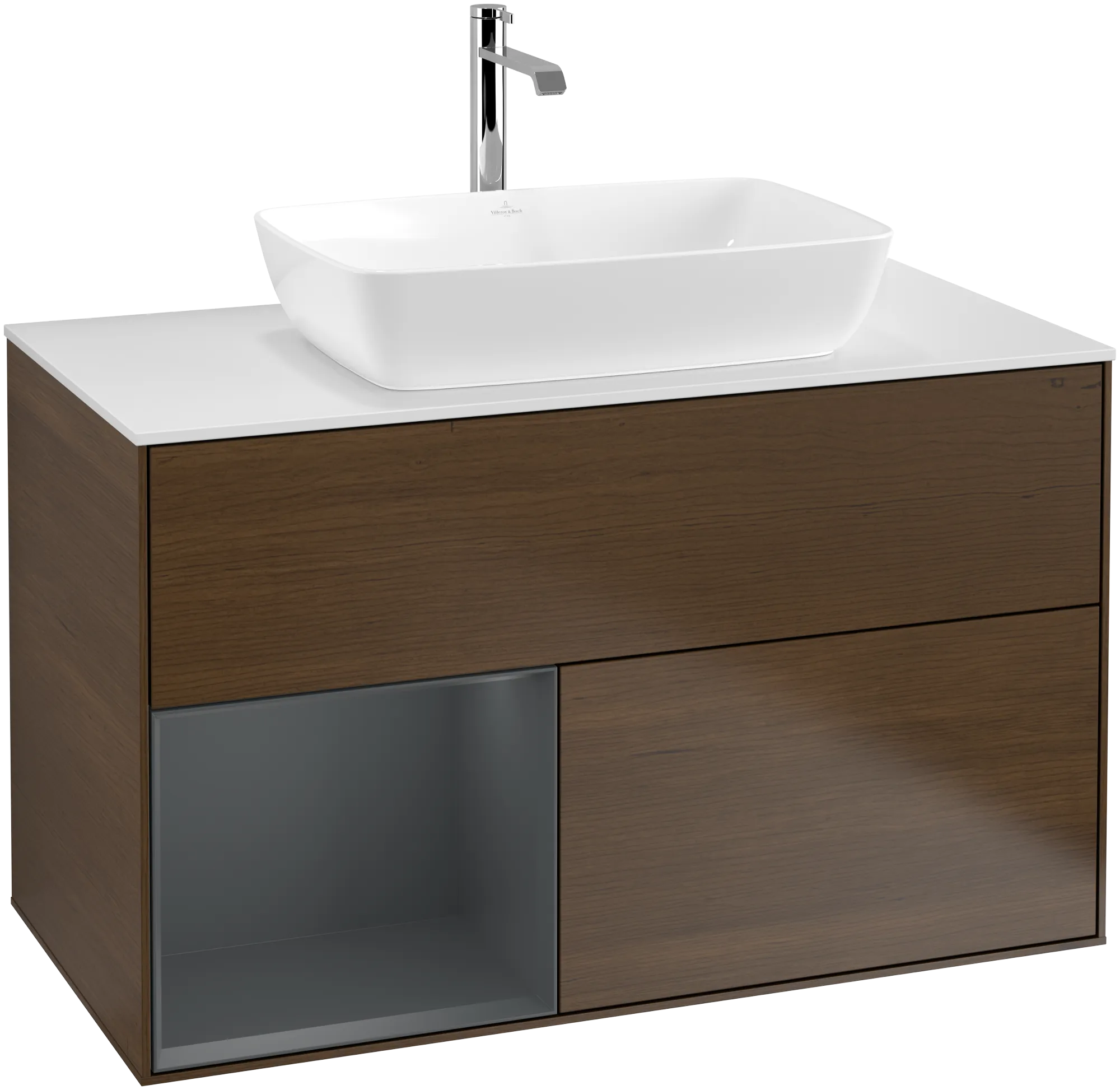 Picture of VILLEROY BOCH Finion Vanity unit, with lighting, 2 pull-out compartments, 1000 x 603 x 501 mm, Walnut Veneer / Midnight Blue Matt Lacquer / Glass White Matt #G771HGGN