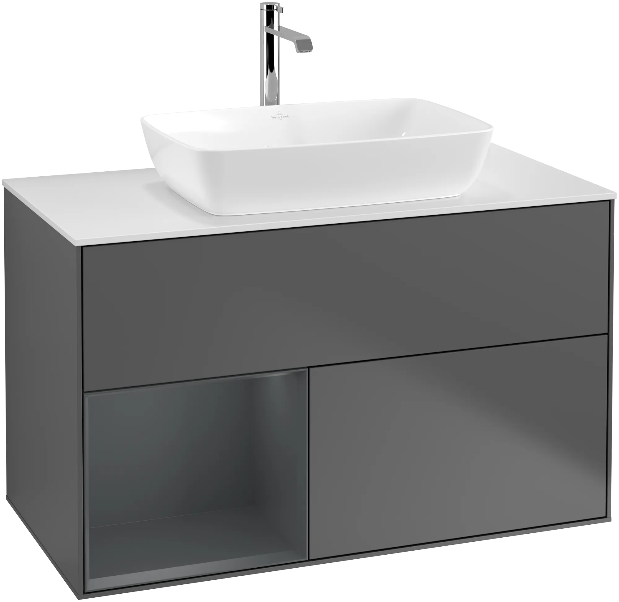 Picture of VILLEROY BOCH Finion Vanity unit, with lighting, 2 pull-out compartments, 1000 x 603 x 501 mm, Anthracite Matt Lacquer / Midnight Blue Matt Lacquer / Glass White Matt #G771HGGK