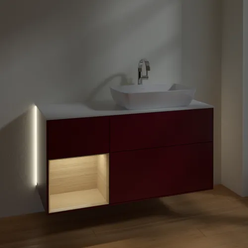 Bild von VILLEROY BOCH Finion Waschbeckenunterschrank, mit Beleuchtung, 3 Auszüge, 1200 x 603 x 501 mm, Peony Matt Lacquer / Oak Veneer / Glass White Matt #G801PCHB