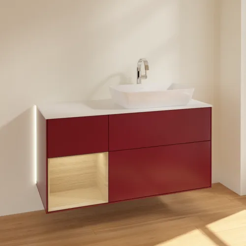 Bild von VILLEROY BOCH Finion Waschbeckenunterschrank, mit Beleuchtung, 3 Auszüge, 1200 x 603 x 501 mm, Peony Matt Lacquer / Oak Veneer / Glass White Matt #G801PCHB