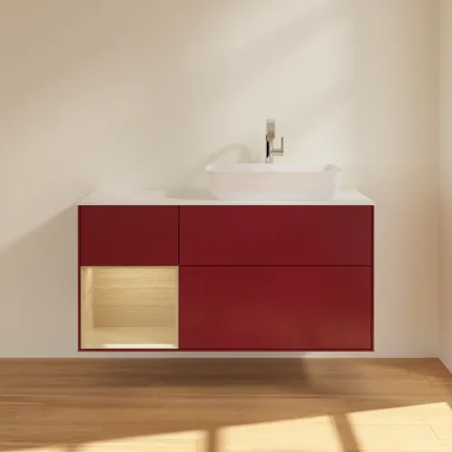 Bild von VILLEROY BOCH Finion Waschbeckenunterschrank, mit Beleuchtung, 3 Auszüge, 1200 x 603 x 501 mm, Peony Matt Lacquer / Oak Veneer / Glass White Matt #G801PCHB