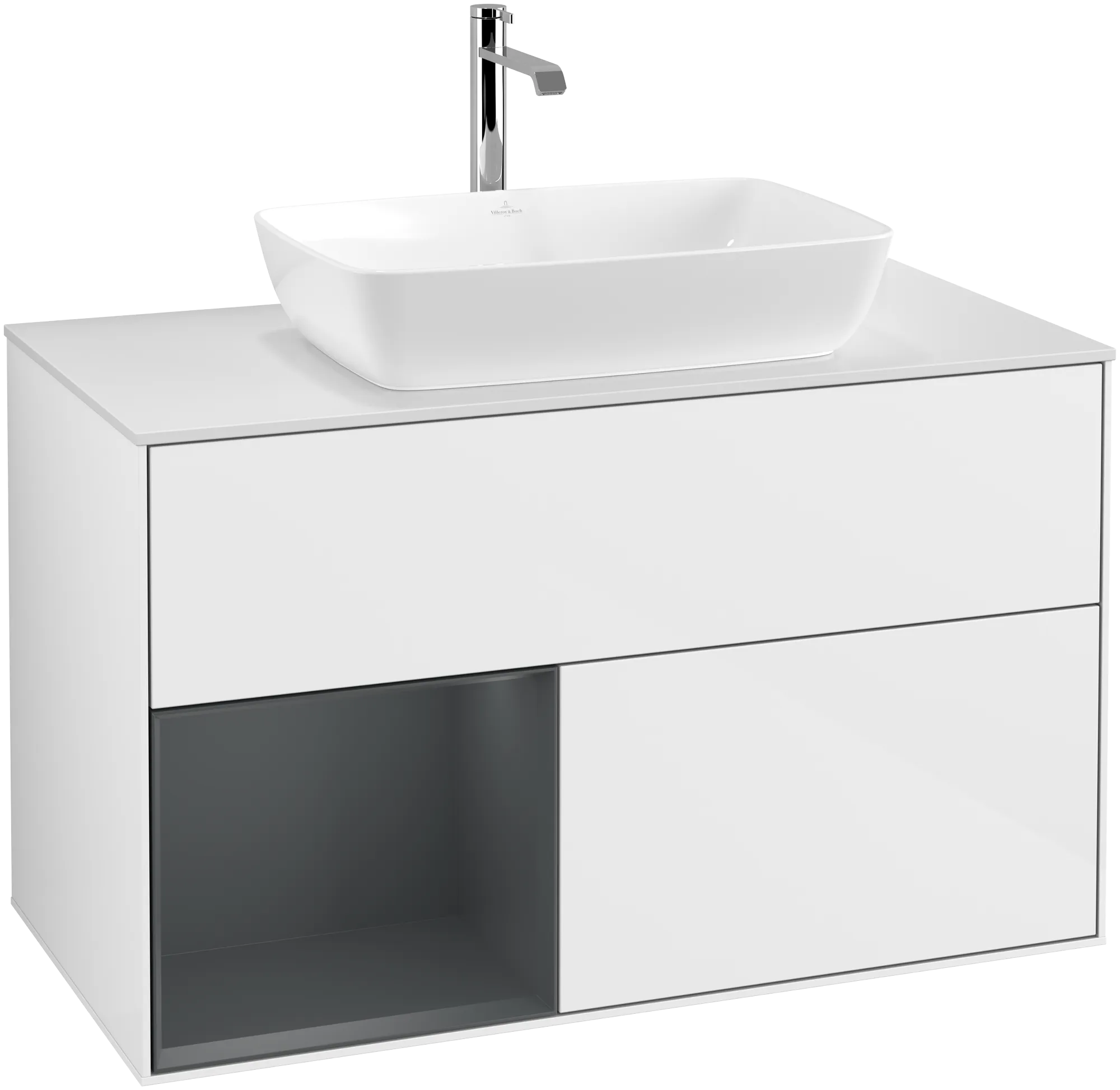 Picture of VILLEROY BOCH Finion Vanity unit, with lighting, 2 pull-out compartments, 1000 x 603 x 501 mm, Glossy White Lacquer / Midnight Blue Matt Lacquer / Glass White Matt #G771HGGF