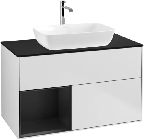 Picture of VILLEROY BOCH Finion Vanity unit, with lighting, 2 pull-out compartments, 1000 x 603 x 501 mm, White Matt Lacquer / Black Matt Lacquer / Glass Black Matt #G772PDMT