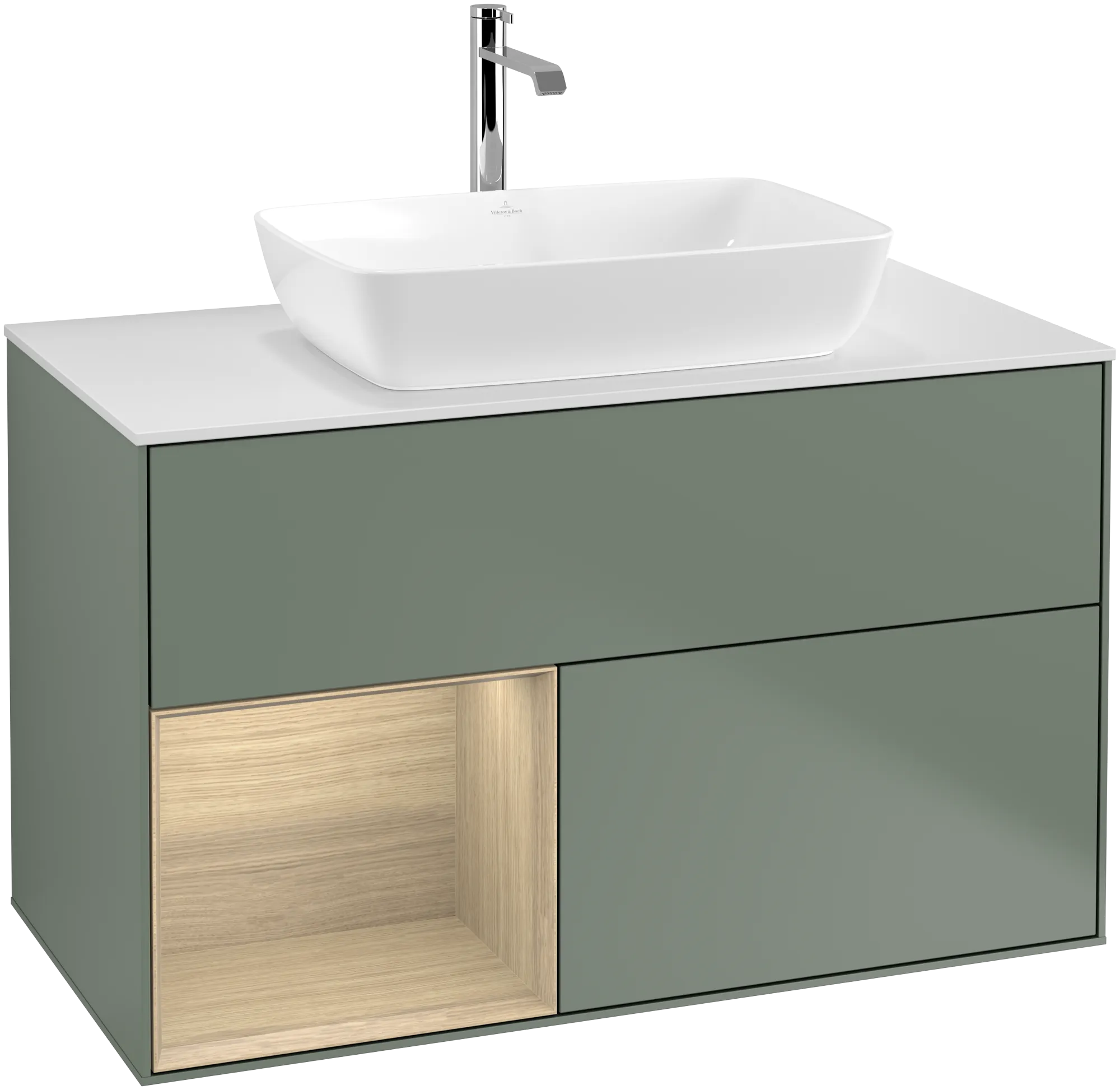 Picture of VILLEROY BOCH Finion Vanity unit, with lighting, 2 pull-out compartments, 1000 x 603 x 501 mm, Olive Matt Lacquer / Oak Veneer / Glass White Matt #G771PCGM