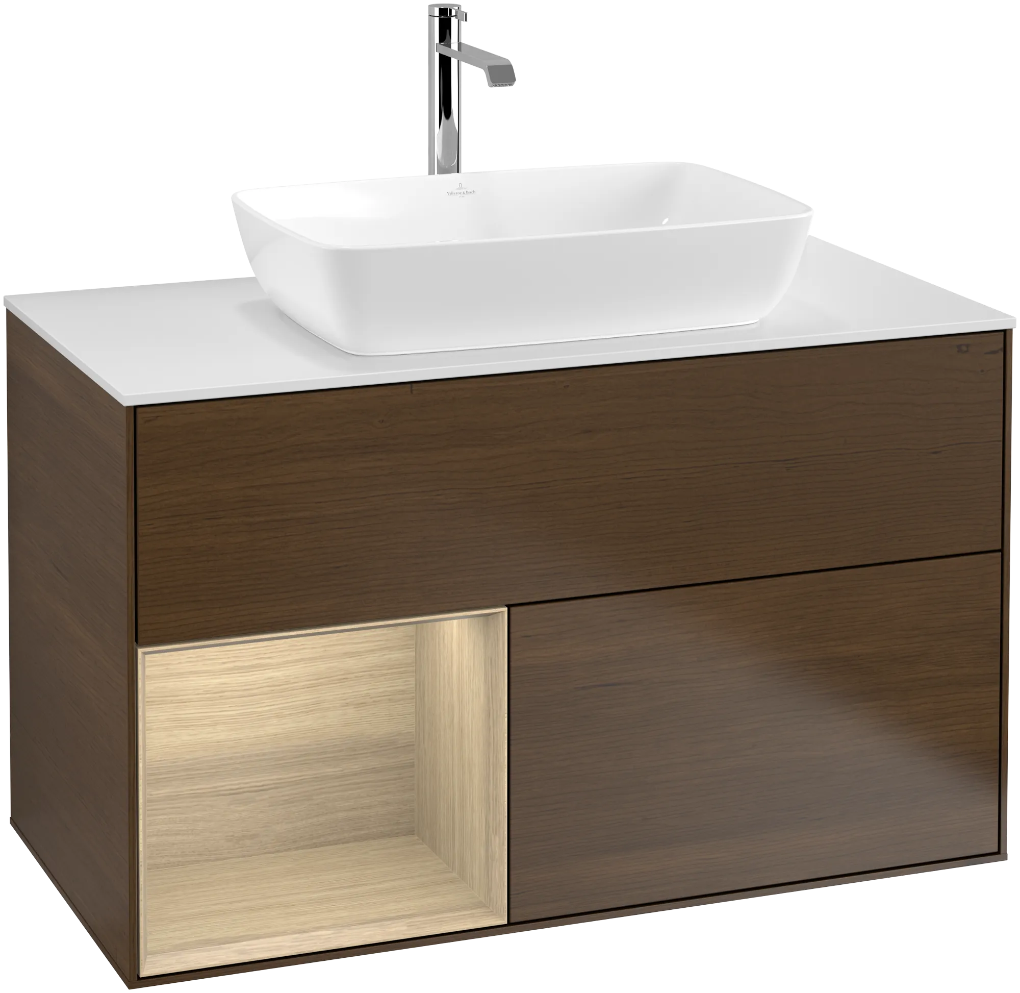 Picture of VILLEROY BOCH Finion Vanity unit, with lighting, 2 pull-out compartments, 1000 x 603 x 501 mm, Walnut Veneer / Oak Veneer / Glass White Matt #G771PCGN