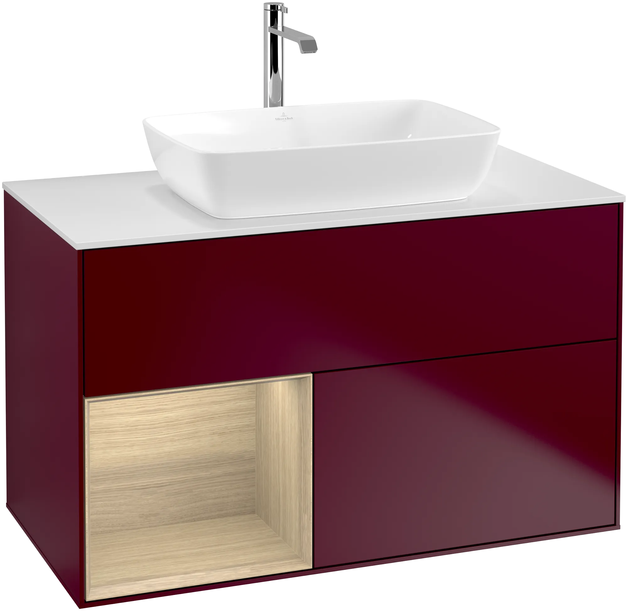 Picture of VILLEROY BOCH Finion Vanity unit, with lighting, 2 pull-out compartments, 1000 x 603 x 501 mm, Peony Matt Lacquer / Oak Veneer / Glass White Matt #G771PCHB