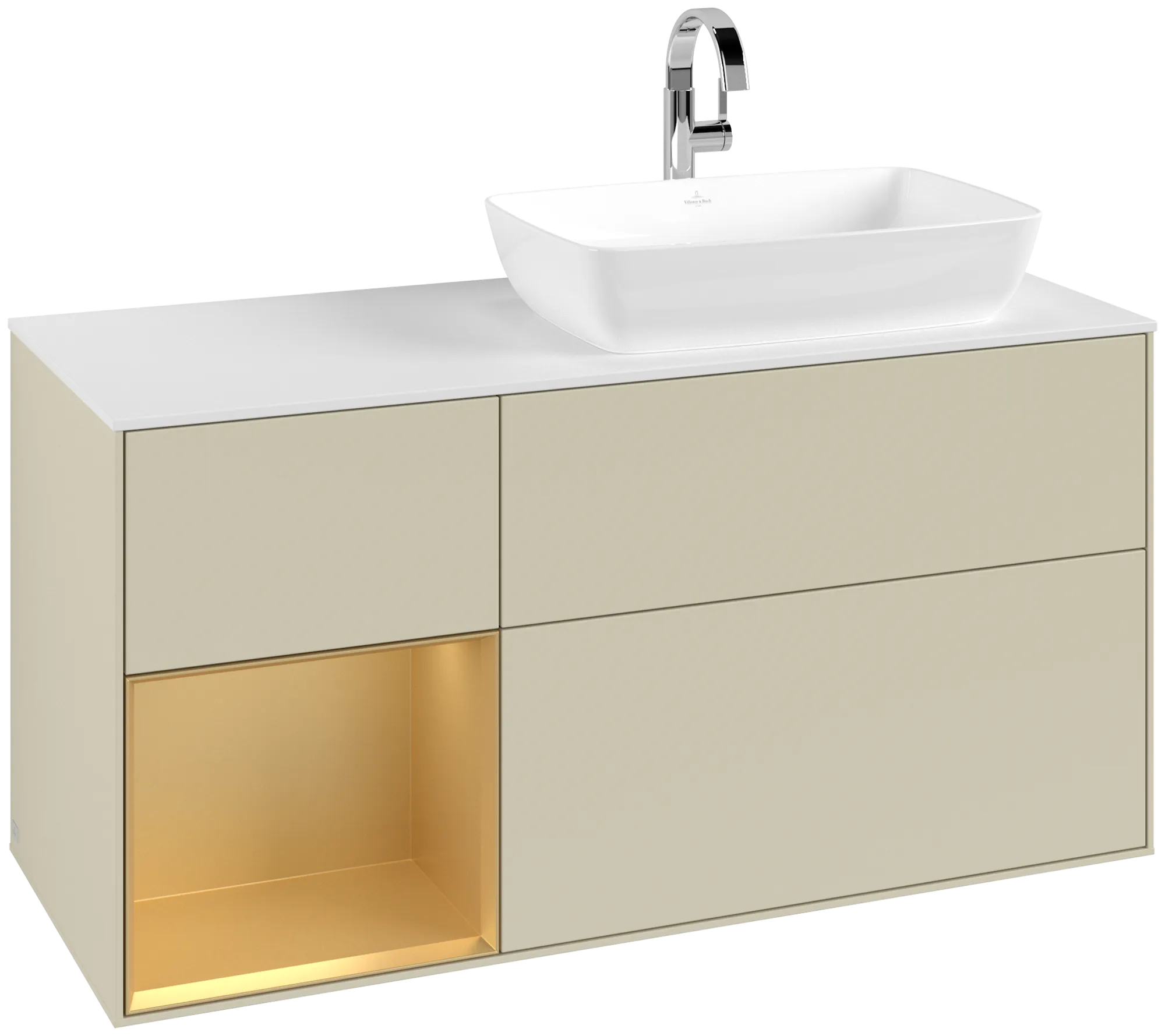 Picture of VILLEROY BOCH Finion Vanity unit, with lighting, 3 pull-out compartments, 1200 x 603 x 501 mm, Silk Grey Matt Lacquer / Gold Matt Lacquer / Glass White Matt #G801HFHJ