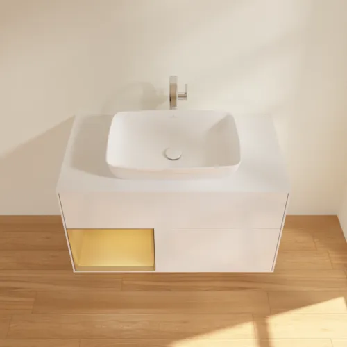 Bild von VILLEROY BOCH Finion Waschbeckenunterschrank, mit Beleuchtung, 2 Auszüge, 1000 x 603 x 501 mm, Glossy White Lacquer / Gold Matt Lacquer / Glass White Matt #G771HFGF