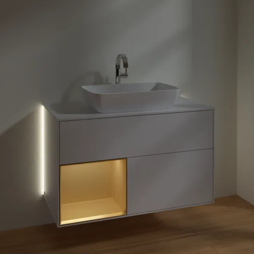 Bild von VILLEROY BOCH Finion Waschbeckenunterschrank, mit Beleuchtung, 2 Auszüge, 1000 x 603 x 501 mm, Glossy White Lacquer / Gold Matt Lacquer / Glass White Matt #G771HFGF