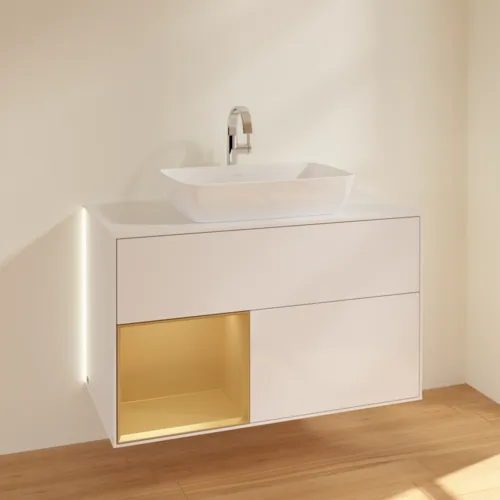 Bild von VILLEROY BOCH Finion Waschbeckenunterschrank, mit Beleuchtung, 2 Auszüge, 1000 x 603 x 501 mm, Glossy White Lacquer / Gold Matt Lacquer / Glass White Matt #G771HFGF
