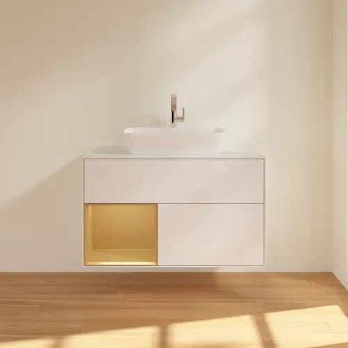 Bild von VILLEROY BOCH Finion Waschbeckenunterschrank, mit Beleuchtung, 2 Auszüge, 1000 x 603 x 501 mm, Glossy White Lacquer / Gold Matt Lacquer / Glass White Matt #G771HFGF