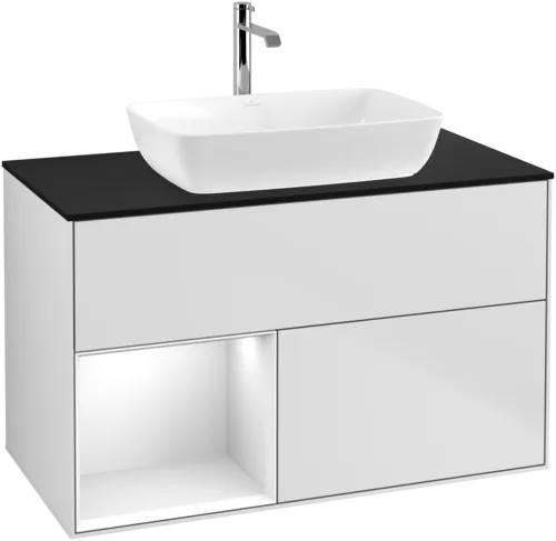 Picture of VILLEROY BOCH Finion Vanity unit, with lighting, 2 pull-out compartments, 1000 x 603 x 501 mm, White Matt Lacquer / Glossy White Lacquer / Glass Black Matt #G772GFMT