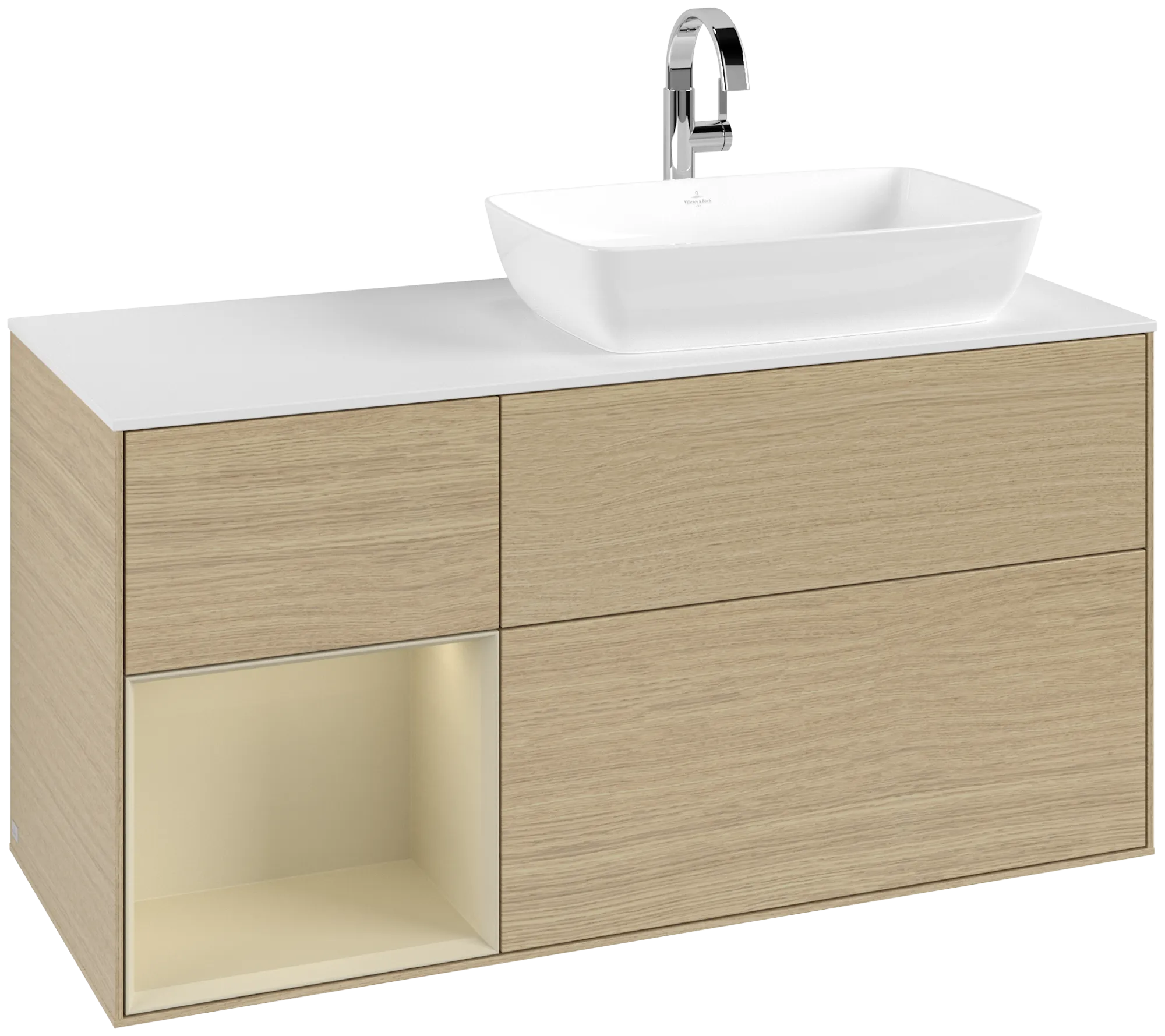 Picture of VILLEROY BOCH Finion Vanity unit, with lighting, 3 pull-out compartments, 1200 x 603 x 501 mm, Oak Veneer / Silk Grey Matt Lacquer / Glass White Matt #G801HJPC