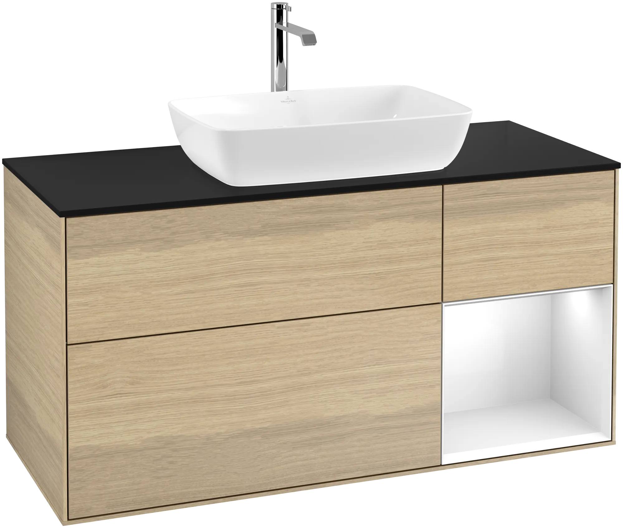 VILLEROY BOCH Finion Vanity unit, with lighting, 3 pull-out compartments, 1200 x 603 x 501 mm, Oak Veneer / Glossy White Lacquer / Glass Black Matt #G832GFPC resmi