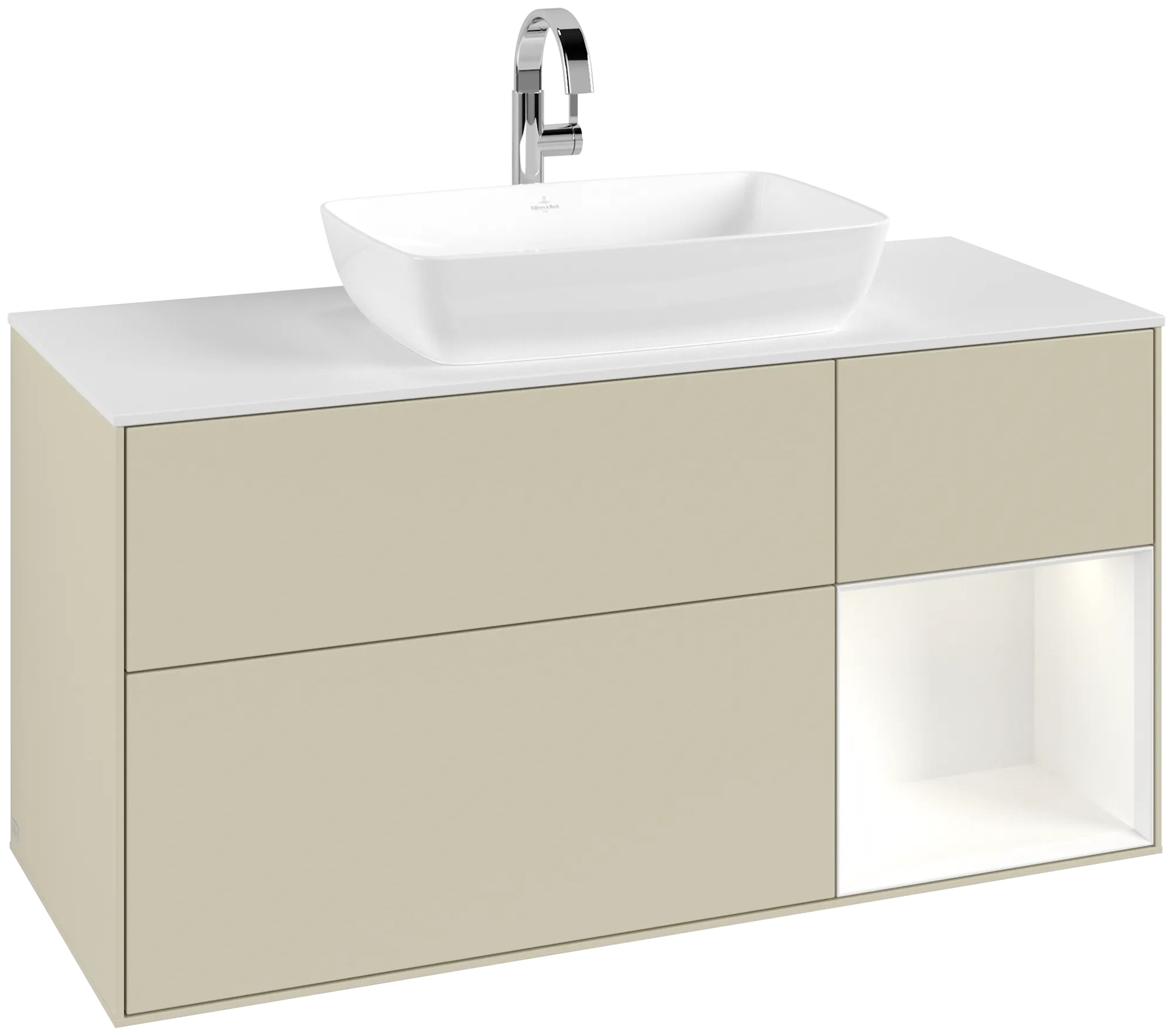 Obrázek VILLEROY BOCH Finion Vanity unit, with lighting, 3 pull-out compartments, 1200 x 603 x 501 mm, Silk Grey Matt Lacquer / White Matt Lacquer / Glass White Matt #G831MTHJ