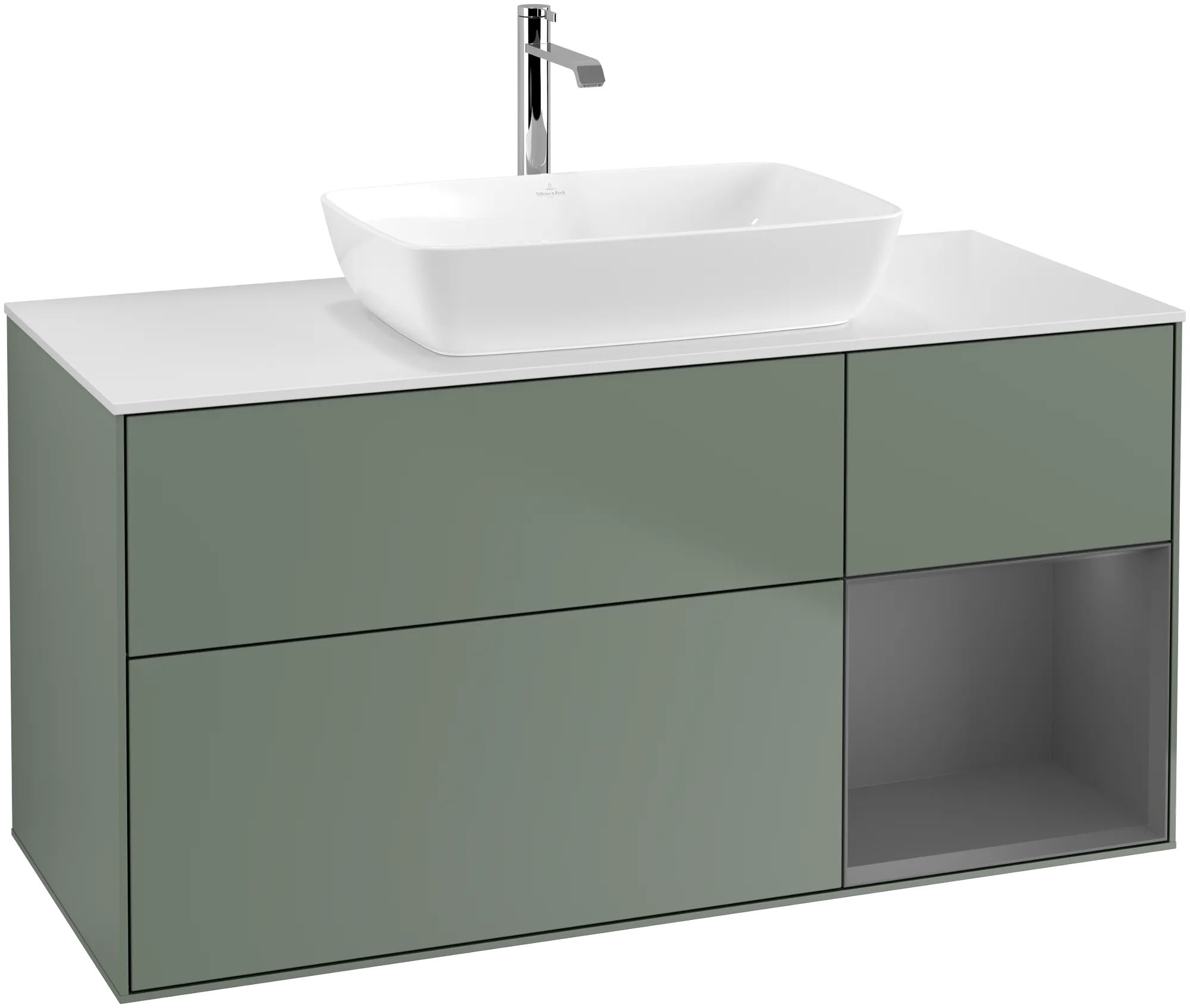 Picture of VILLEROY BOCH Finion Vanity unit, with lighting, 3 pull-out compartments, 1200 x 603 x 501 mm, Olive Matt Lacquer / Anthracite Matt Lacquer / Glass White Matt #G831GKGM