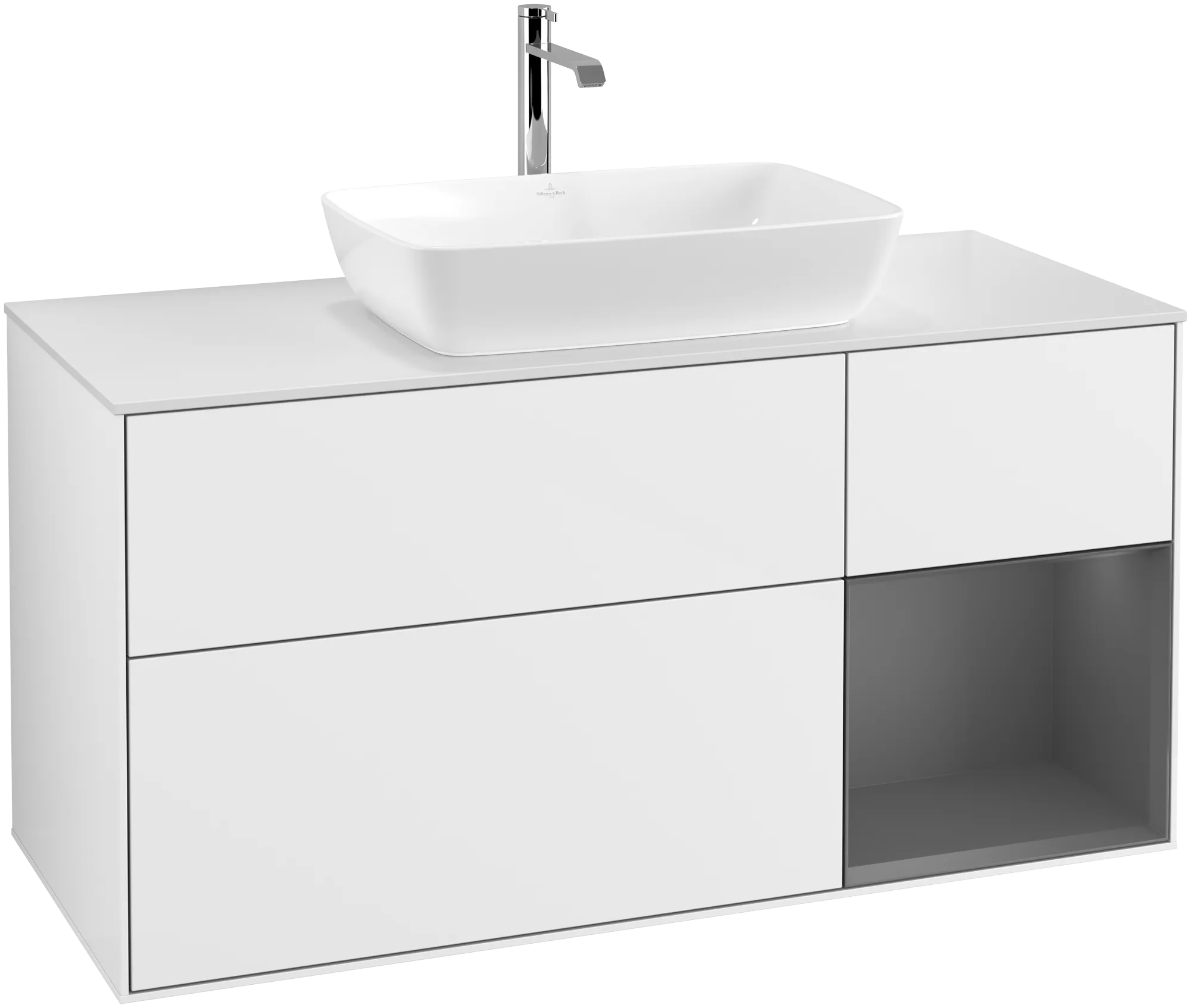 Picture of VILLEROY BOCH Finion Vanity unit, with lighting, 3 pull-out compartments, 1200 x 603 x 501 mm, Glossy White Lacquer / Anthracite Matt Lacquer / Glass White Matt #G831GKGF