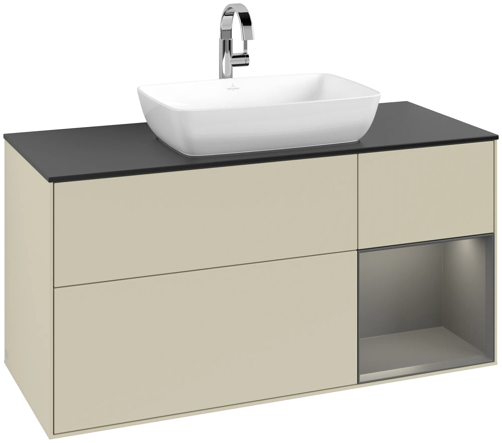 Picture of VILLEROY BOCH Finion Vanity unit, with lighting, 3 pull-out compartments, 1200 x 603 x 501 mm, Silk Grey Matt Lacquer / Anthracite Matt Lacquer / Glass Black Matt #G832GKHJ
