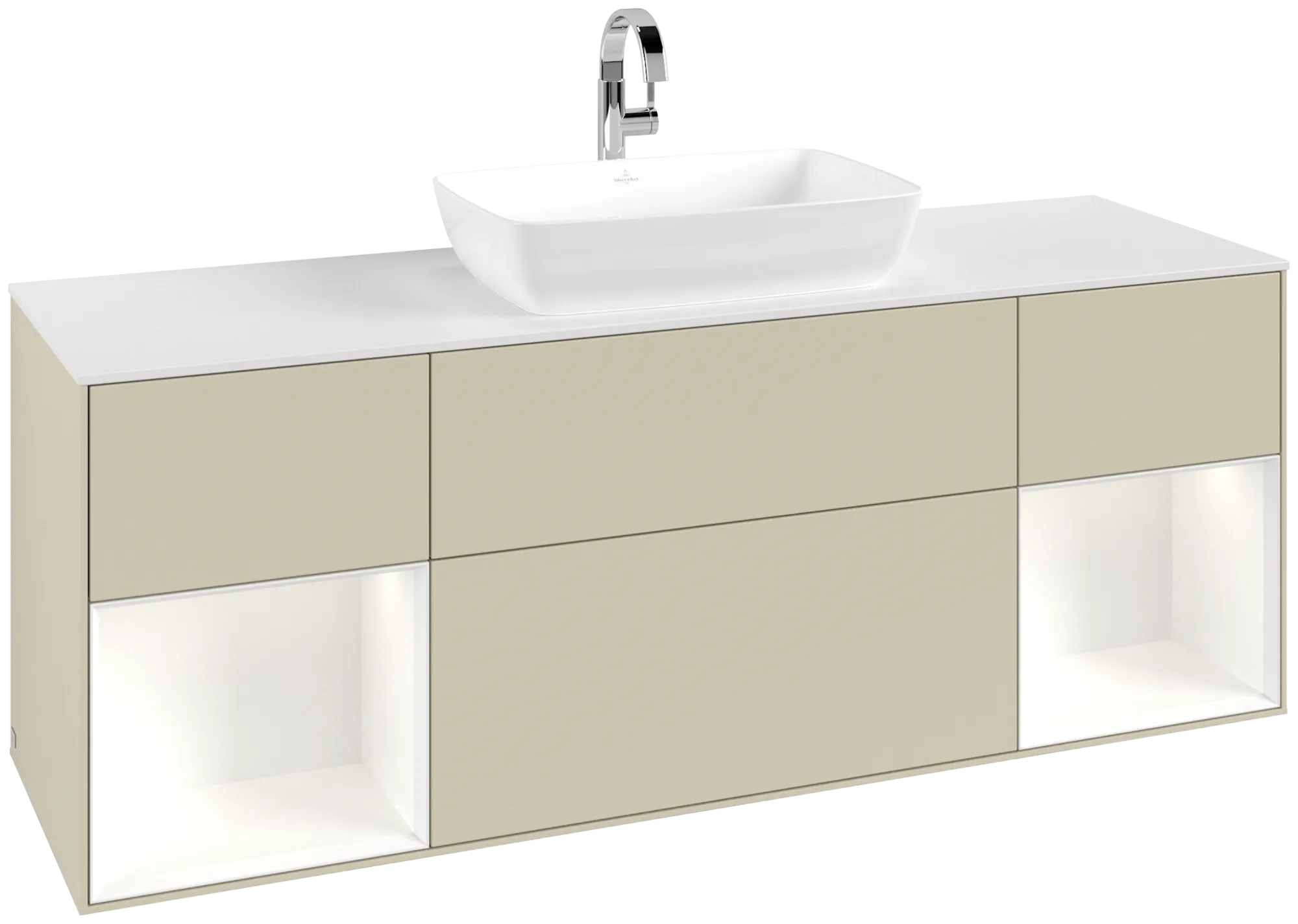 Obrázek VILLEROY BOCH Finion Vanity unit, with lighting, 4 pull-out compartments, 1600 x 603 x 501 mm, Silk Grey Matt Lacquer / White Matt Lacquer / Glass White Matt #G861MTHJ