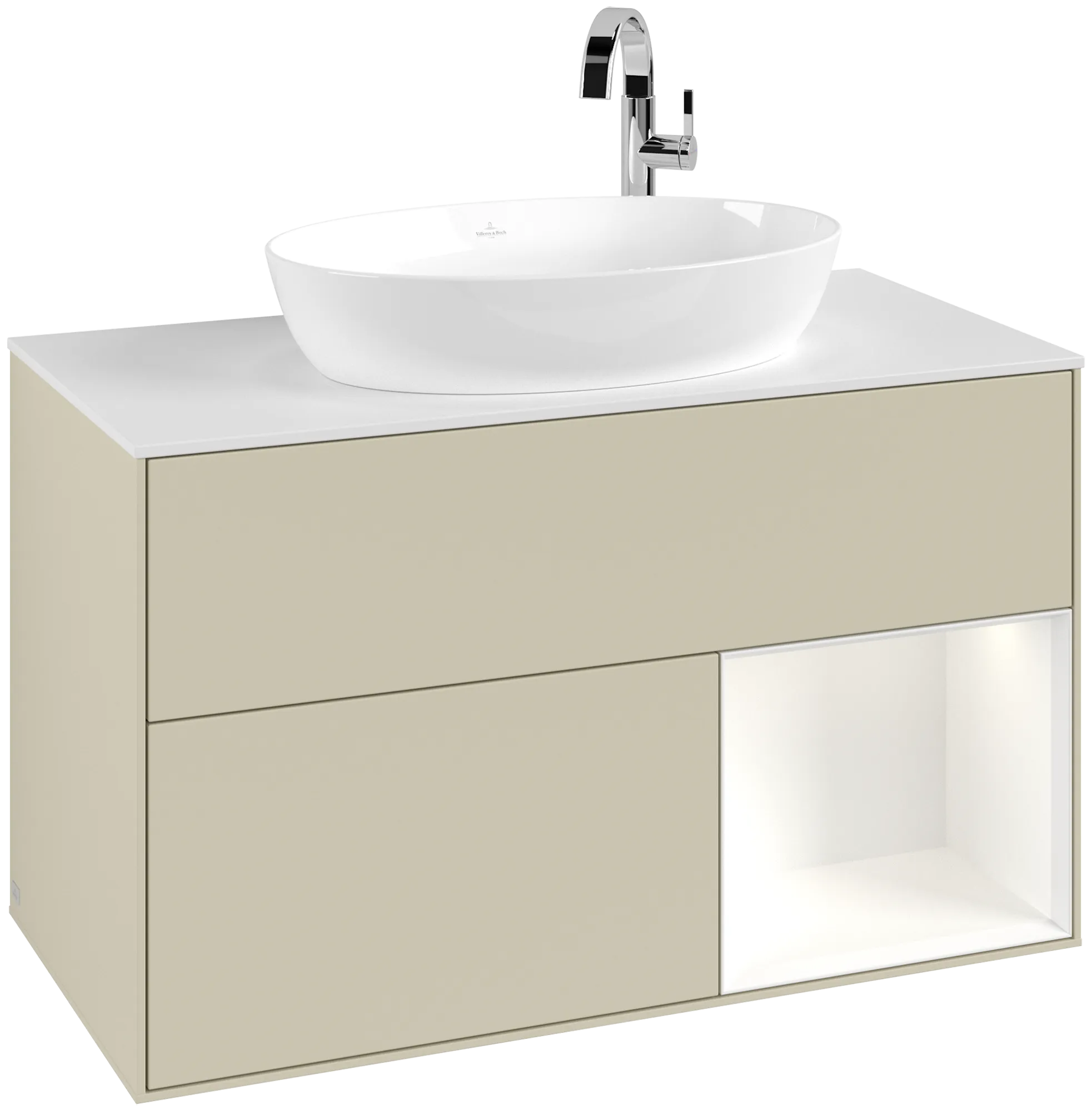 VILLEROY BOCH Finion Vanity unit, with lighting, 2 pull-out compartments, 1000 x 603 x 501 mm, Silk Grey Matt Lacquer / White Matt Lacquer / Glass White Matt #G901MTHJ resmi