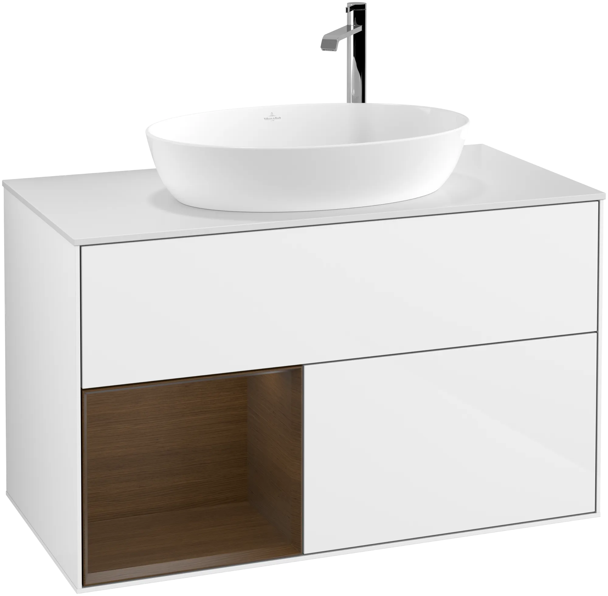 Obrázek VILLEROY BOCH Finion Vanity unit, with lighting, 2 pull-out compartments, 1000 x 603 x 501 mm, Glossy White Lacquer / Walnut Veneer / Glass White Matt #G891GNGF