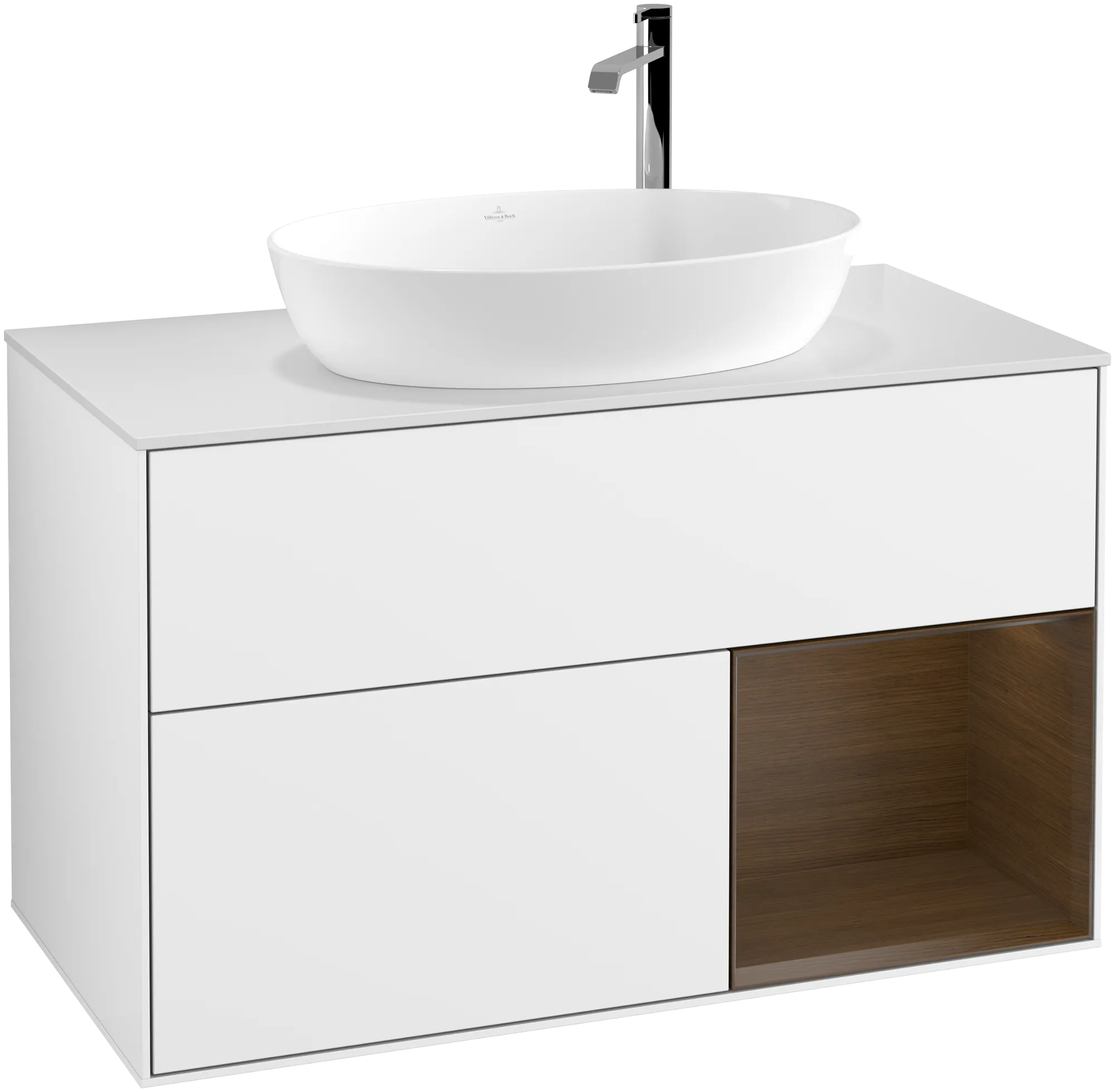 Obrázek VILLEROY BOCH Finion Vanity unit, with lighting, 2 pull-out compartments, 1000 x 603 x 501 mm, Glossy White Lacquer / Walnut Veneer / Glass White Matt #G901GNGF
